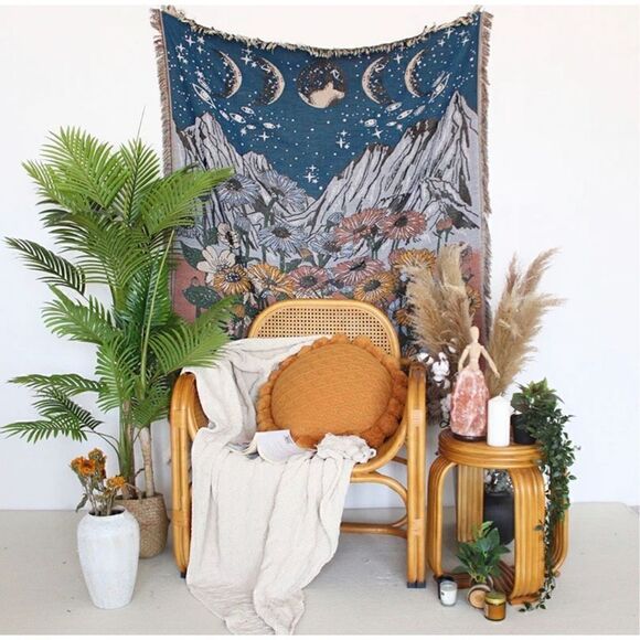 Phases of the Moon Mountain Night Sky Woven Jacquard Throw Blanket Tapestry - Picture 2 of 6